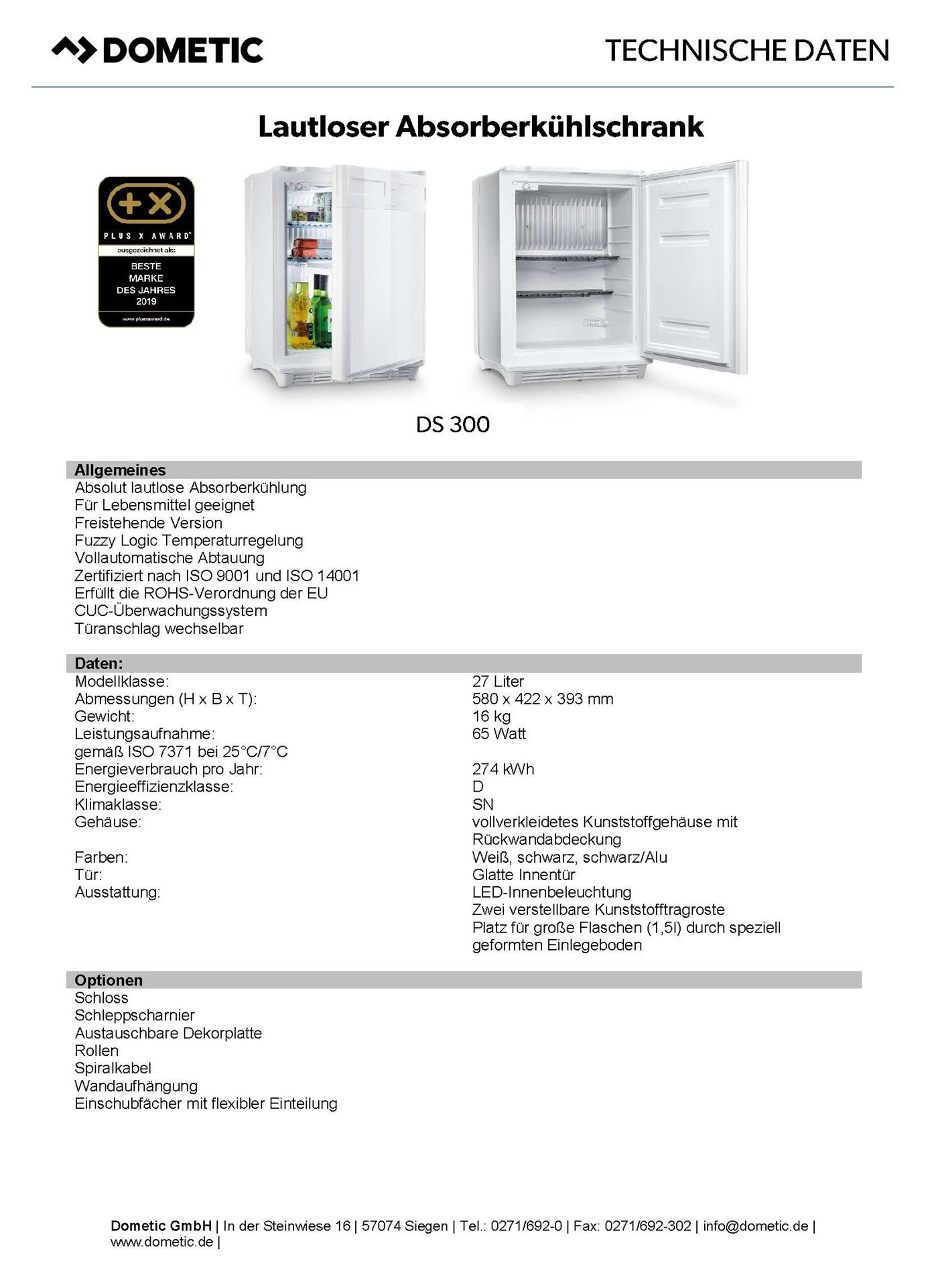 Dometic KÜHLSCHRANK MINI 27 LITER DS 300 BI WS